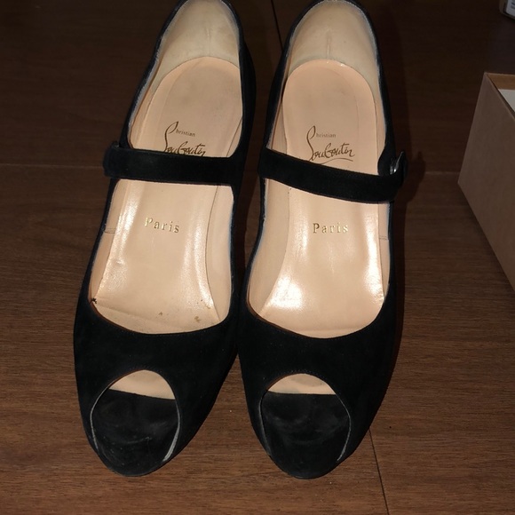 SOLD. Louboutin peep toe, black velvet Mary Janes, 39.5 - Picture 2 of 8